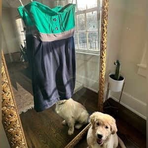 Anthropologie - Rio Rao- teal, grey & navy blue strapless dress with buttons